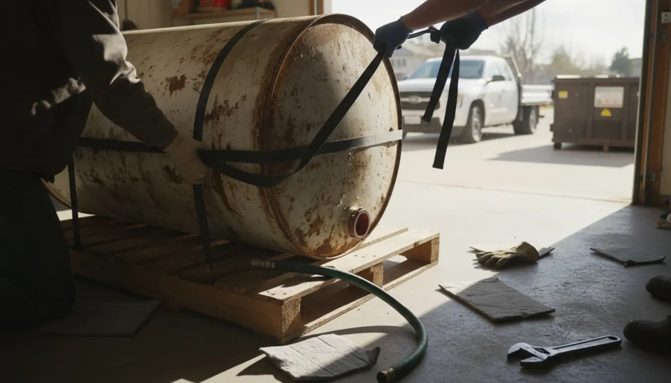 En tømmet, gammel olietank sikres med stropper og lastes til bortskaffelse i en garageåbning.
