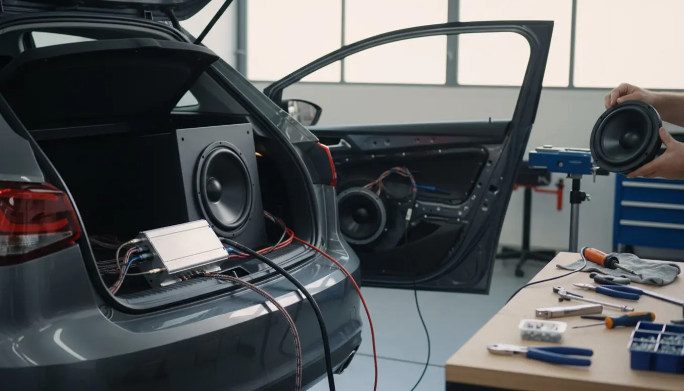 Installation af nyt bilstereoanlæg med åben bagagerum og værktøj i et oplyst værksted.