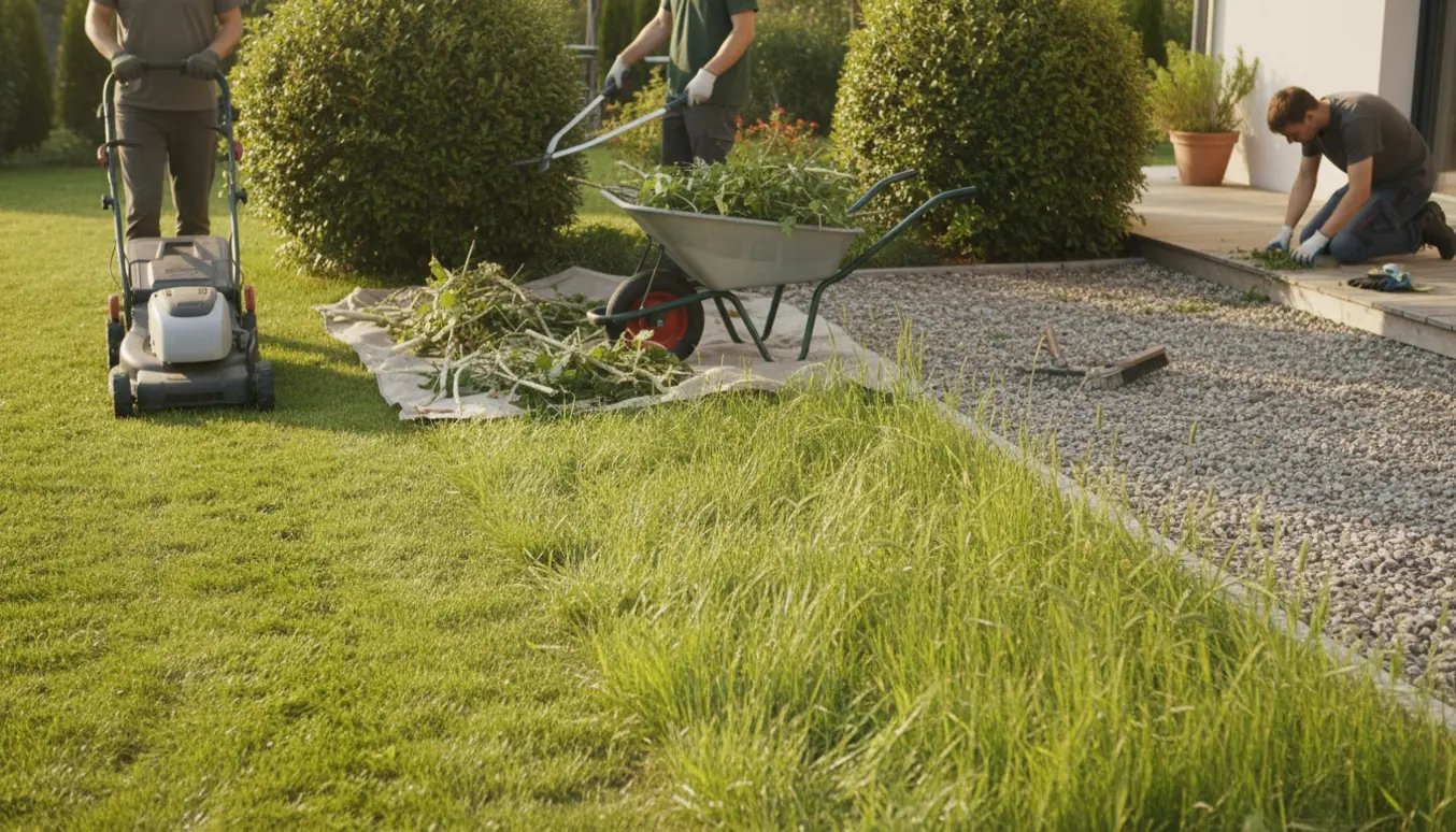 Fersk klippet græs, beskårede buske og fjernet ukrudt på terrasse og grusindkørsel i blødt morgenlys.
