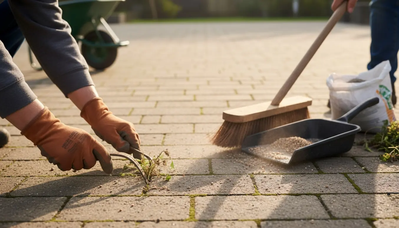 Hænder fjerner og fejer ukrudt mellem fliser på en stor solbeskinnet terrasse.