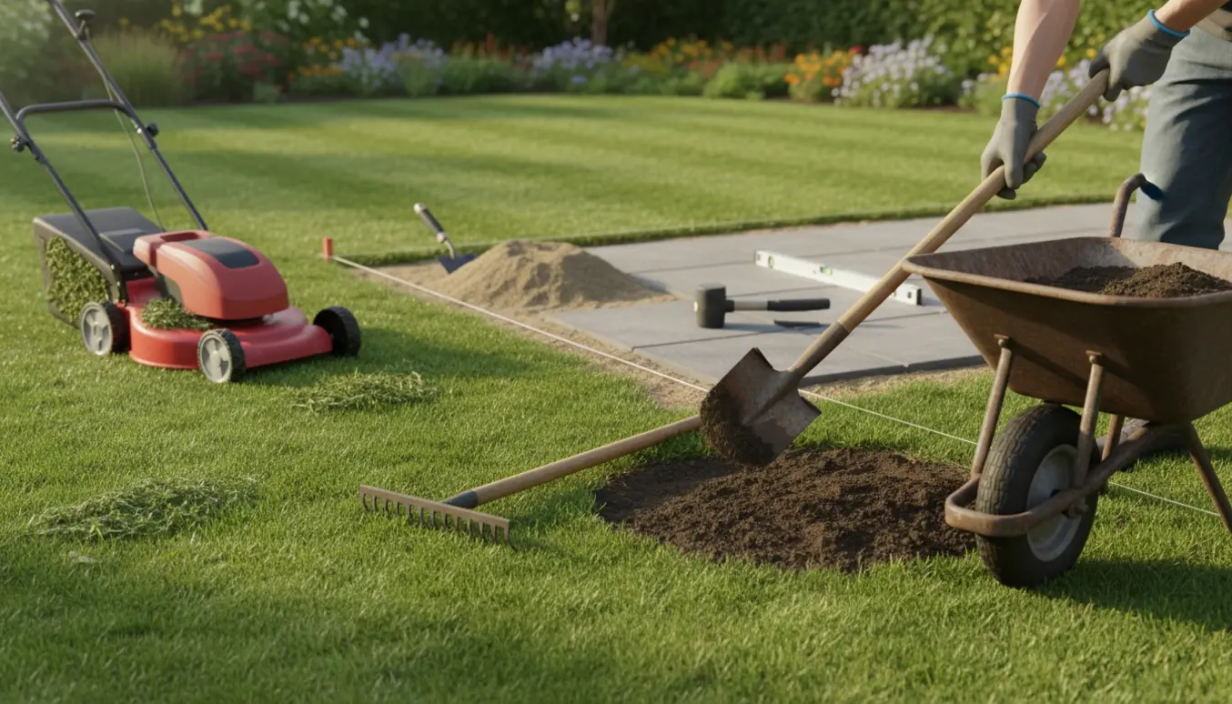 Gartner fjerner jord, jævner huller, slår græs og lægger enkelte fliser i en baghave.