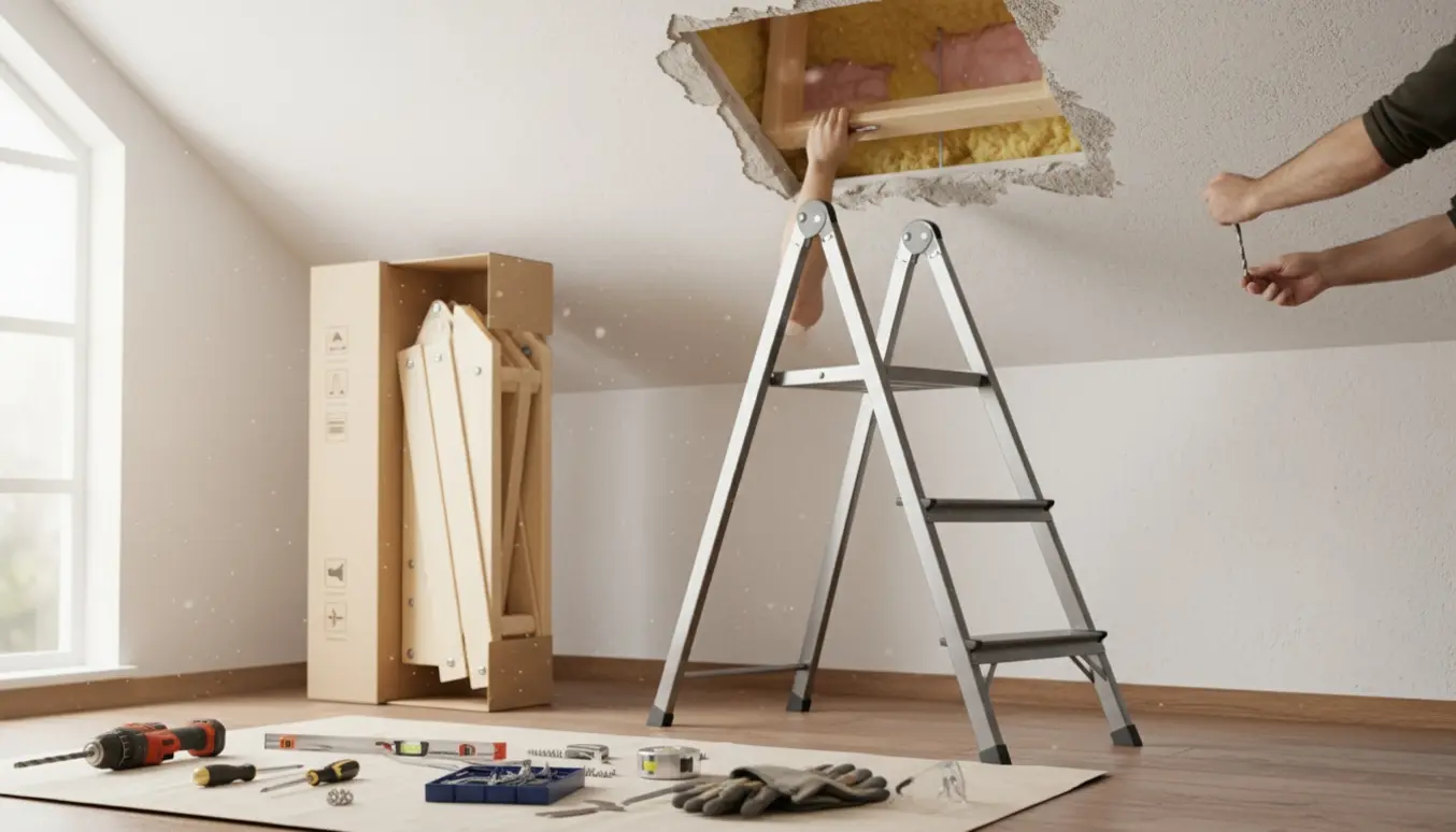 Ny loftlem og sammenfoldelig loftstige ved montering i åben loftsudskæring, med værktøj klar.