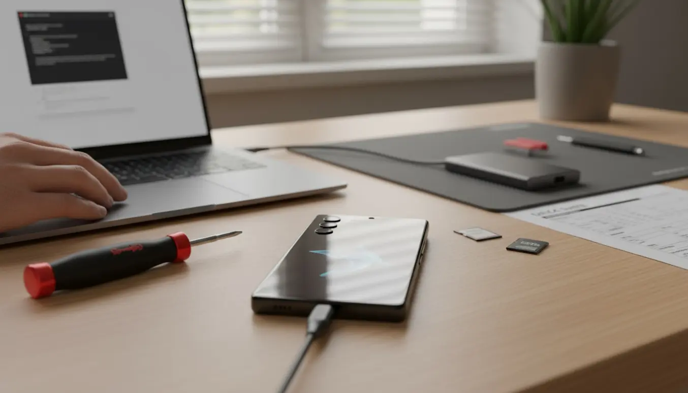 Sony Xperia 10V tilsluttet en laptop på et ryddeligt skrivebord, klar til installation af Sailfish OS.