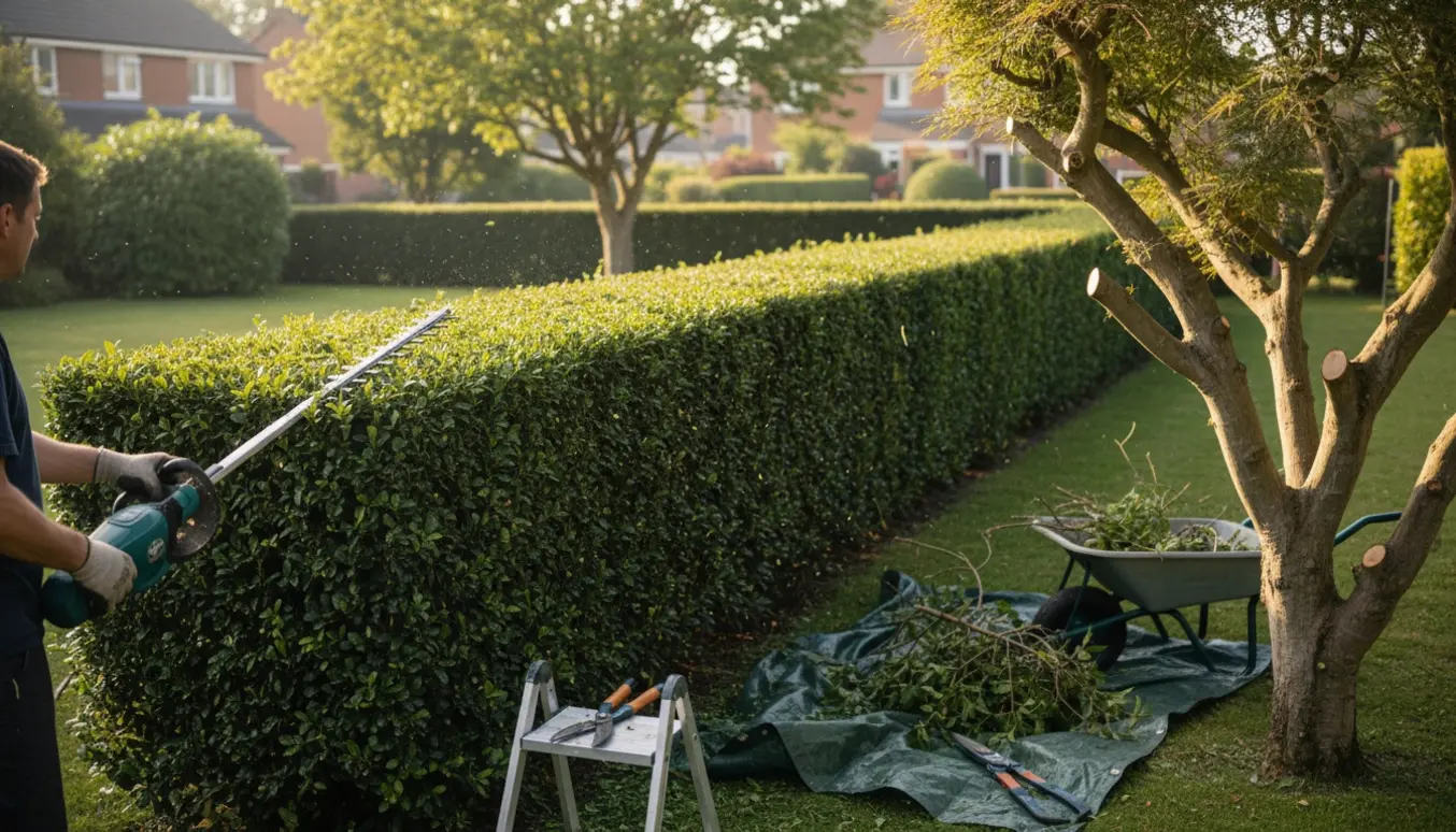 Profesionel klipning af ligusterhæk og beskæring af et træ i en have med værktøj og opsamlede grene.
