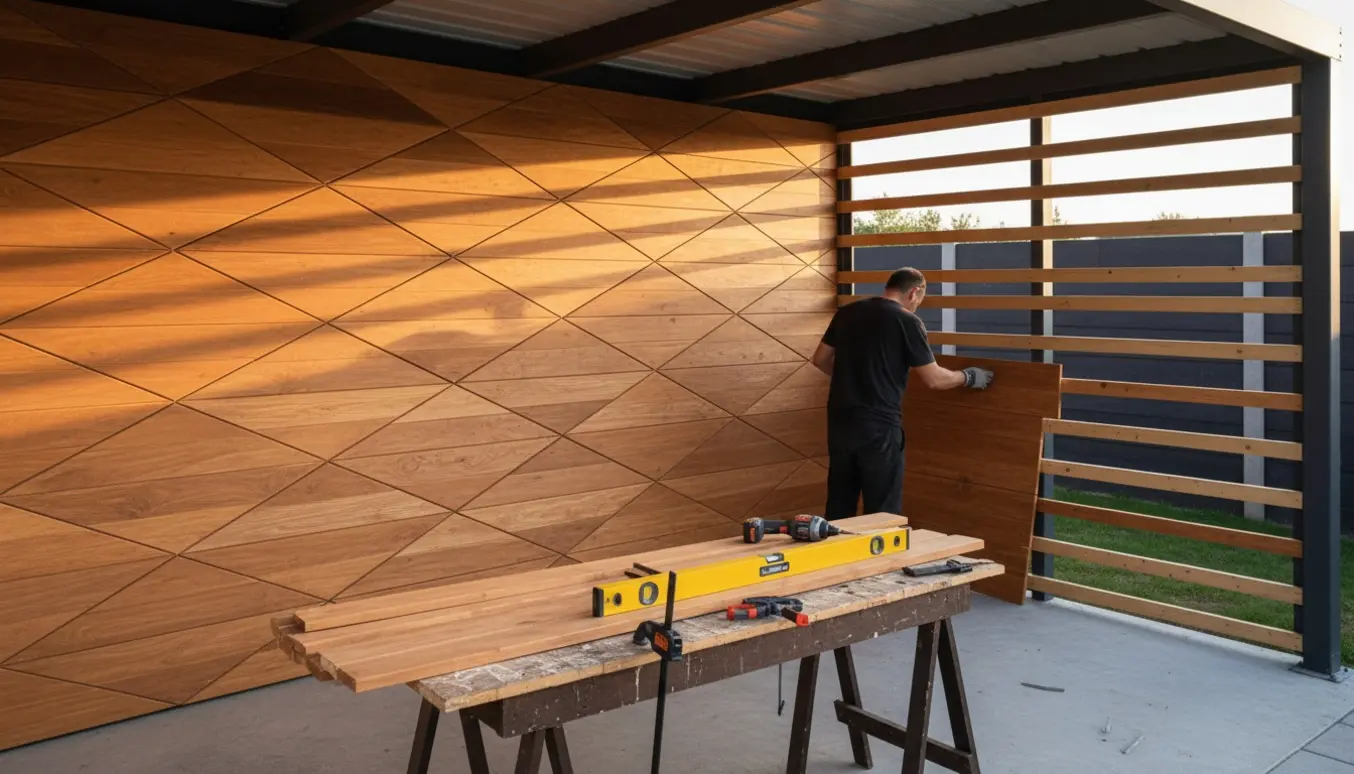 Carporthjørne med ThermoWood rhombeprofil, én side færdig og én side under montering med værktøj i forgrunden.