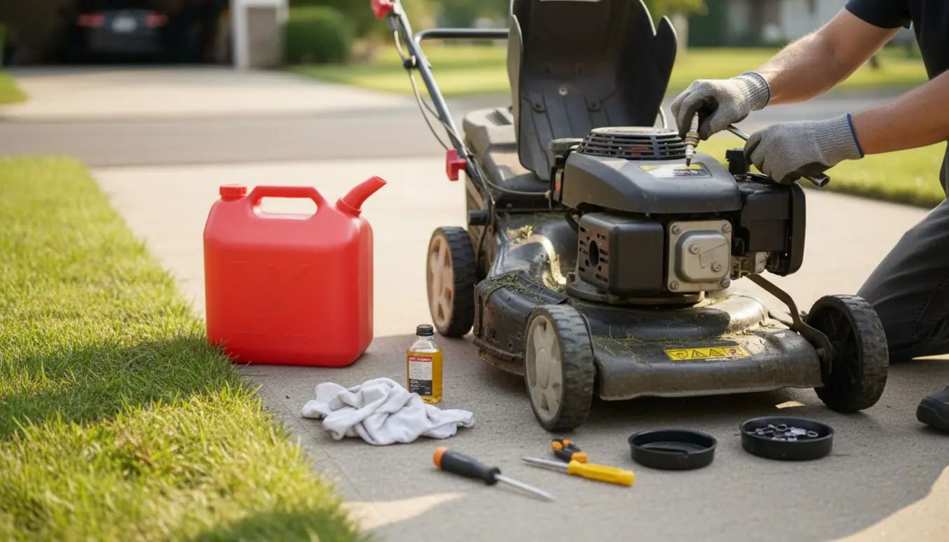 Åben plæneklipper på indkørsel med synligt tændrør og værktøj, mens hænder arbejder på at få den i gang.
