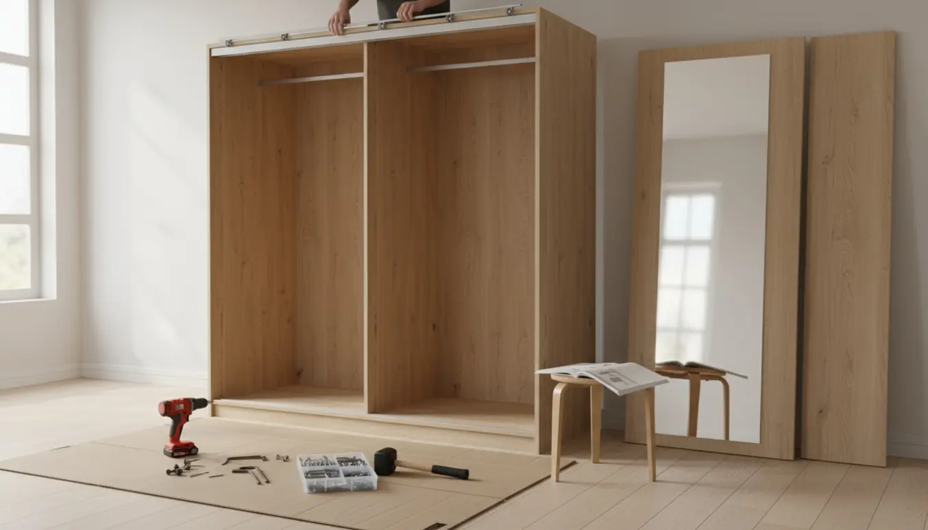 Hænder monterer skydedørsskinnens beslag på et delvist samlet klædeskab med spejldør i et lyst værelse.