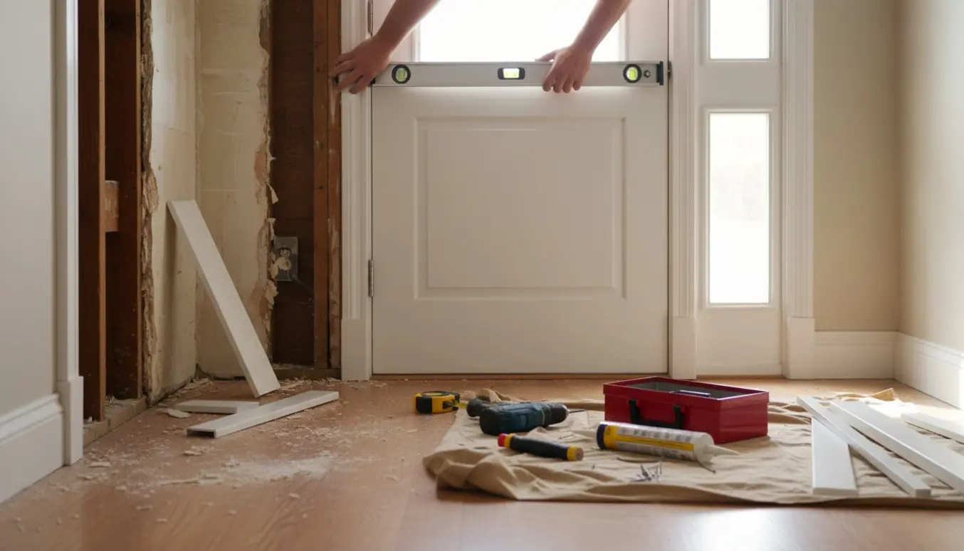 Installation af nye dørkarmspaneler på en enkelt dør med den ene side færdig og den anden delvist afmonteret.