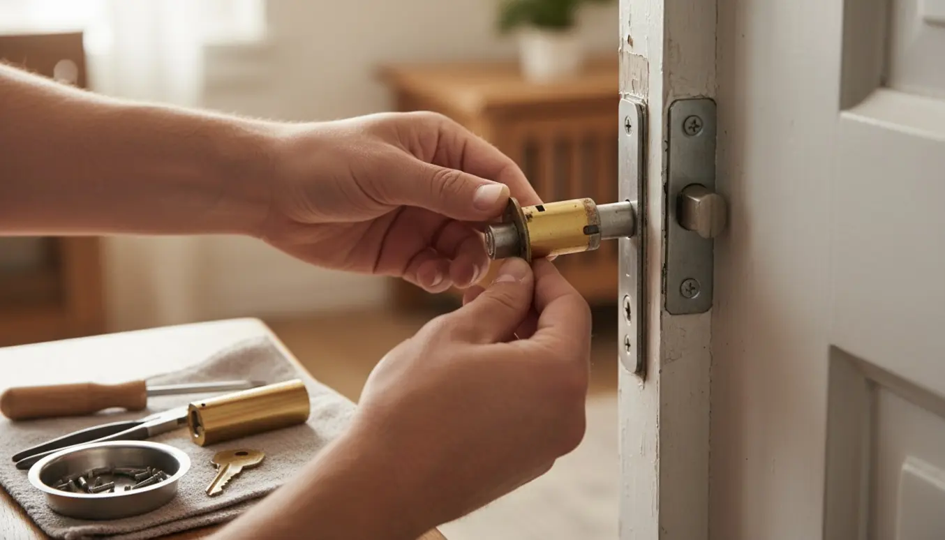 Nærbillede af hænder, der udskifter en låsecylinder i en dør med skruetrækker og nye cylinderdele.