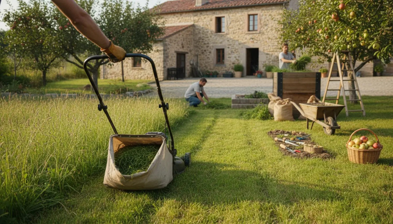 Høj græsplæne bliver slået og opsamlet i en vild-have ved en gammel gård, med kompost og en kurv med æbler og pærer.
