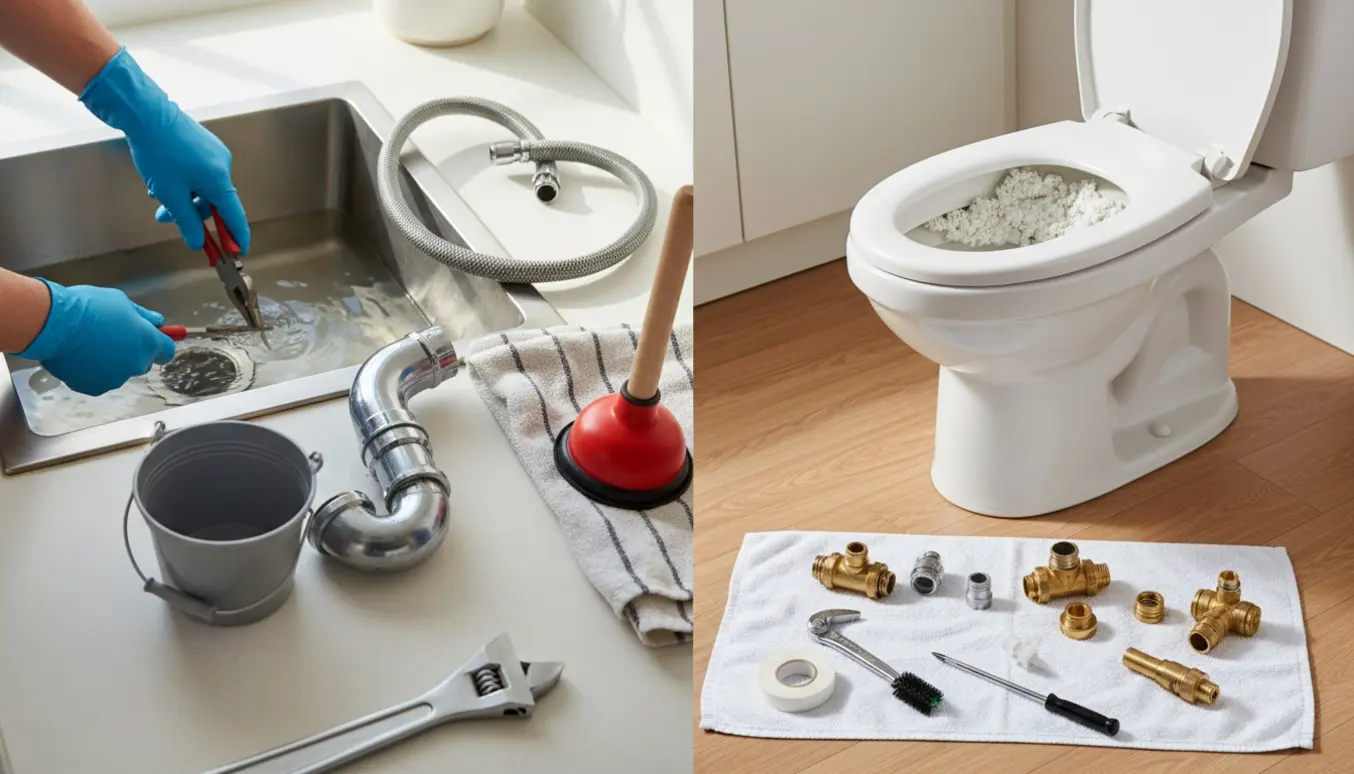 Hænder arbejder på løsnet køkkenafløb med stående vand og samtidig udskiftning af kalket ventil i et åbent toilettank.