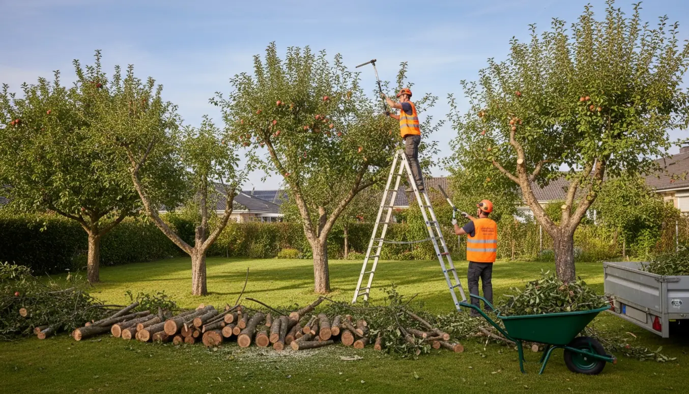 Beskæring af fem træer i en have, heraf to æbletræer, med bunker af afskårne grene og redskaber i forgrunden.