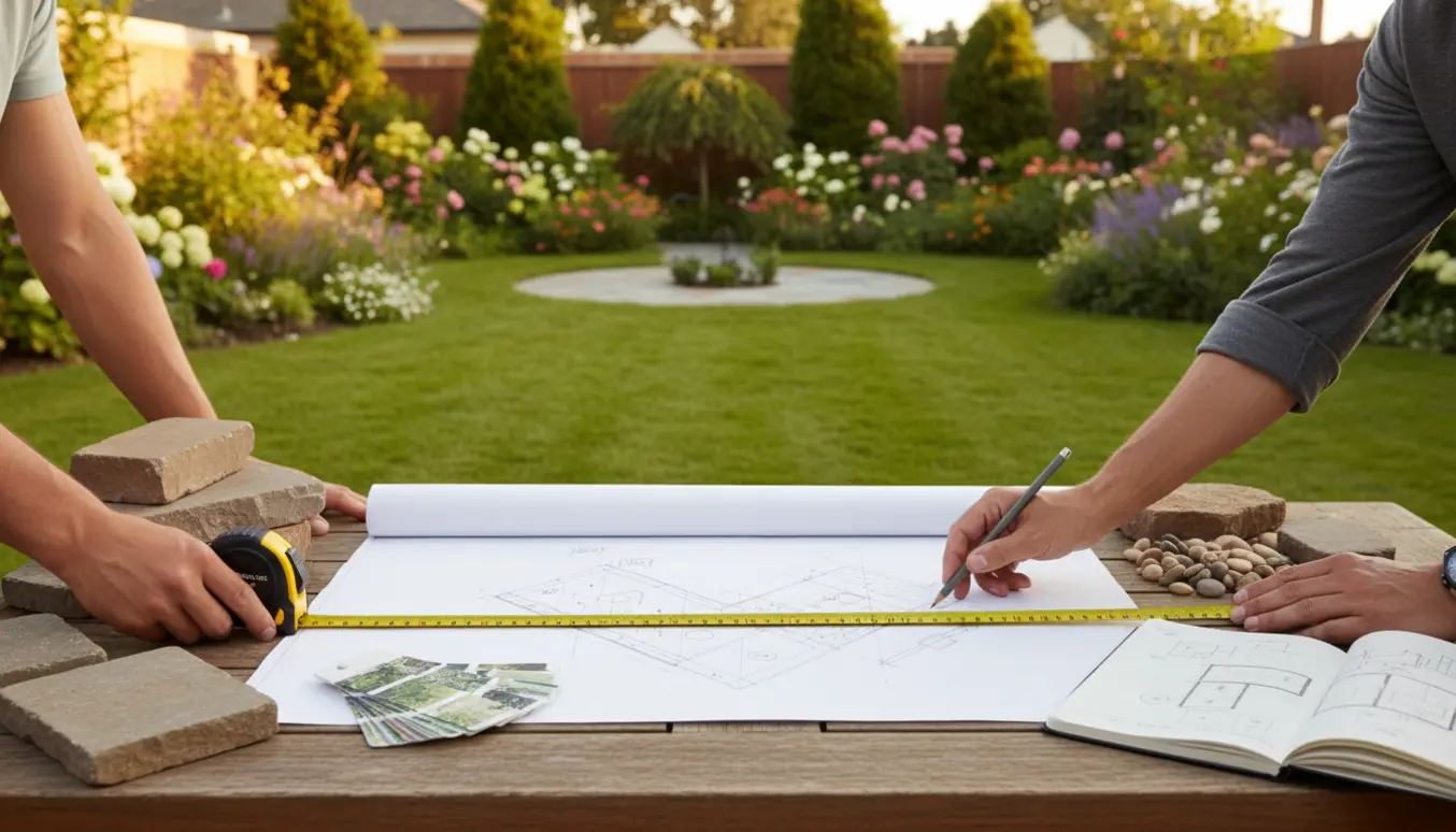 Hænder fra en havearkitekt peger på en skitse og materialer foran en velplejet mellemstor baghave.