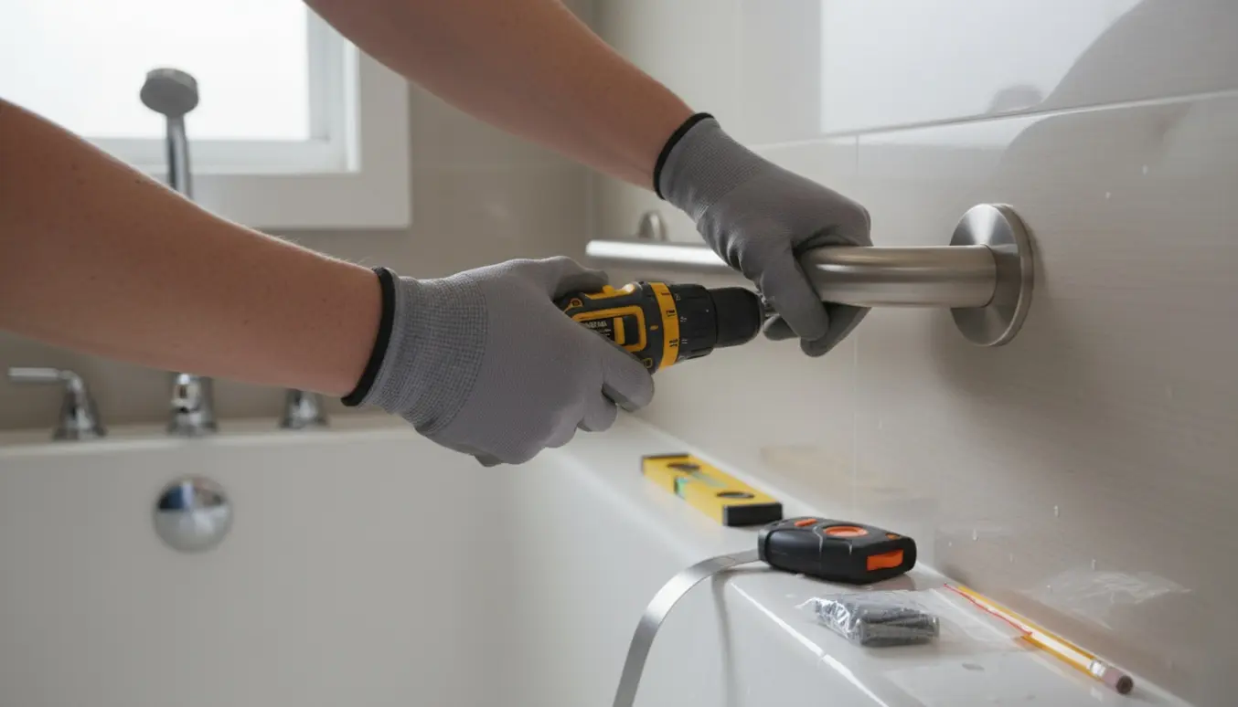 Nærbillede af hænder, der monterer et rustfrit støttegreb på en flisevæg ved badekarret.