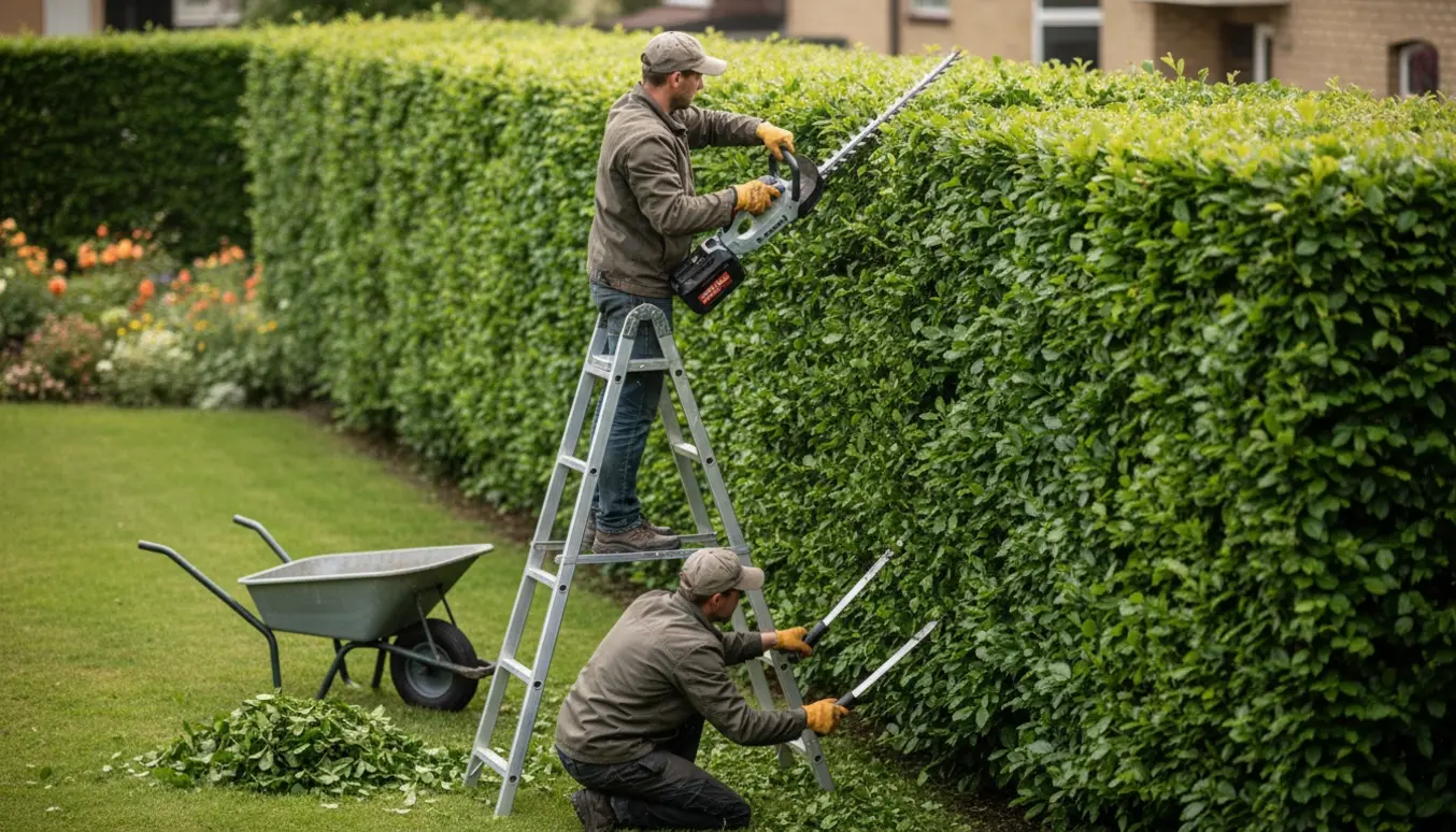Klipning af bøgehæk ca. 180–200 cm høj med stige, hækkeklipper og en bunke afklip ved siden af.