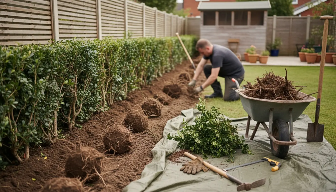 Opgravning af en lang ligusterhæk i have med rodklumper, spade og trillebør.