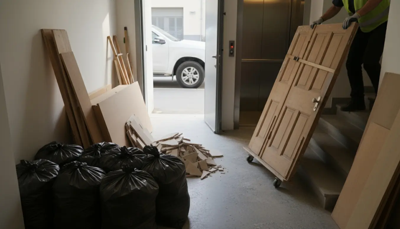 Byggeaffald i opgangen - sække, fliser, træbordplade og døre klar til afhentning ved opgangens indgang.