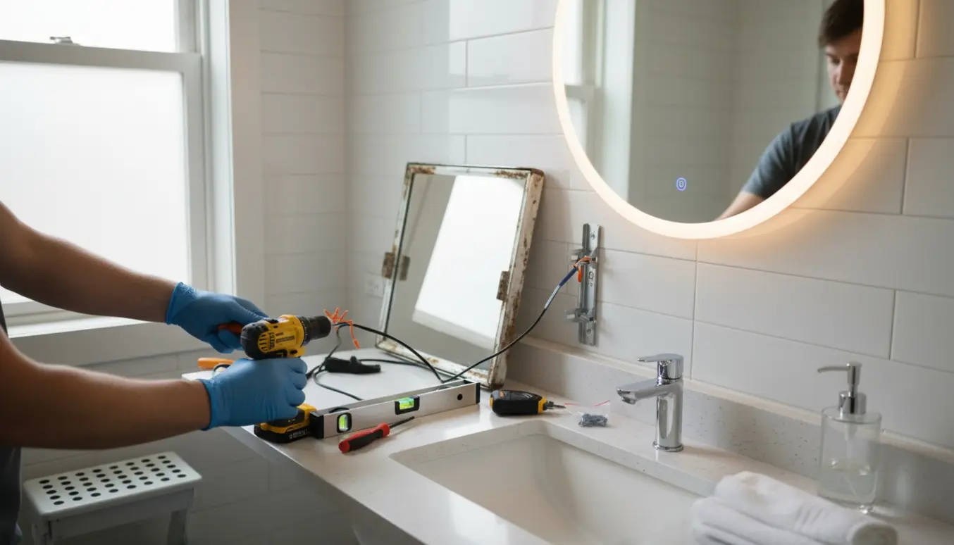 Hænder monterer et nyt spejl med LED-lys over et badeværelsesvask med værktøj og monteringsmaterialer på bordet.