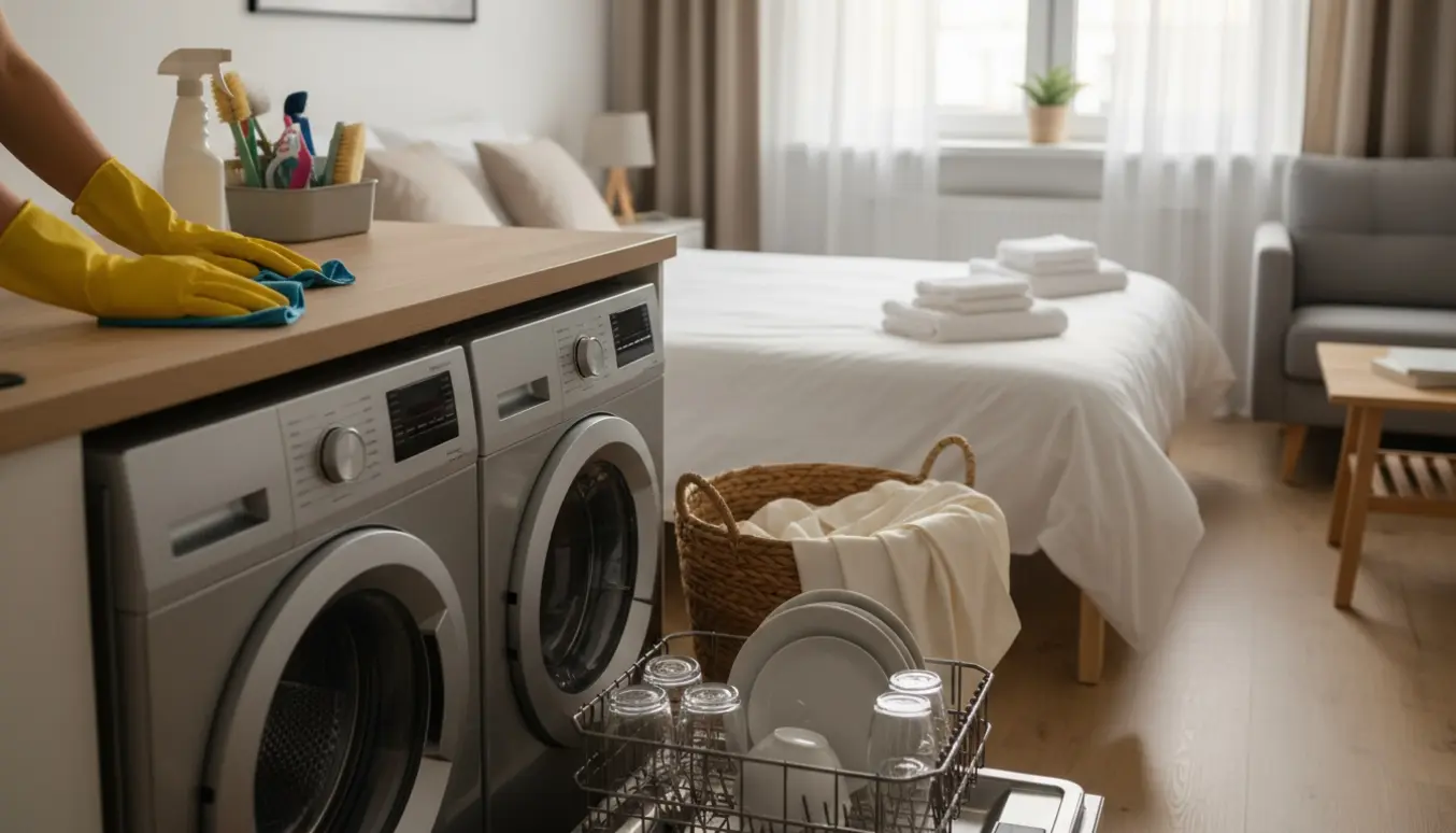 Rengøringshjælp klargør en lille Airbnb med nyopredt seng, friske håndklæder og rengøringsudstyr.