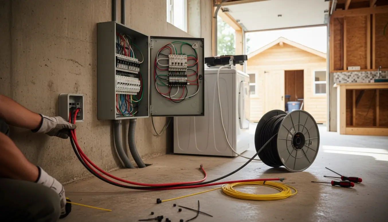 Elektriker trækker elkabel fra kælderens eltavle mod garage og nyt skur, og tilslutter tørretumbler i en membrankasse.