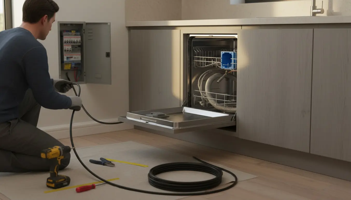 Tekniker fører elkabel fra en åben eltavle til et åbent køkkenskab ved vasken for at tilslutte en opvaskemaskine.