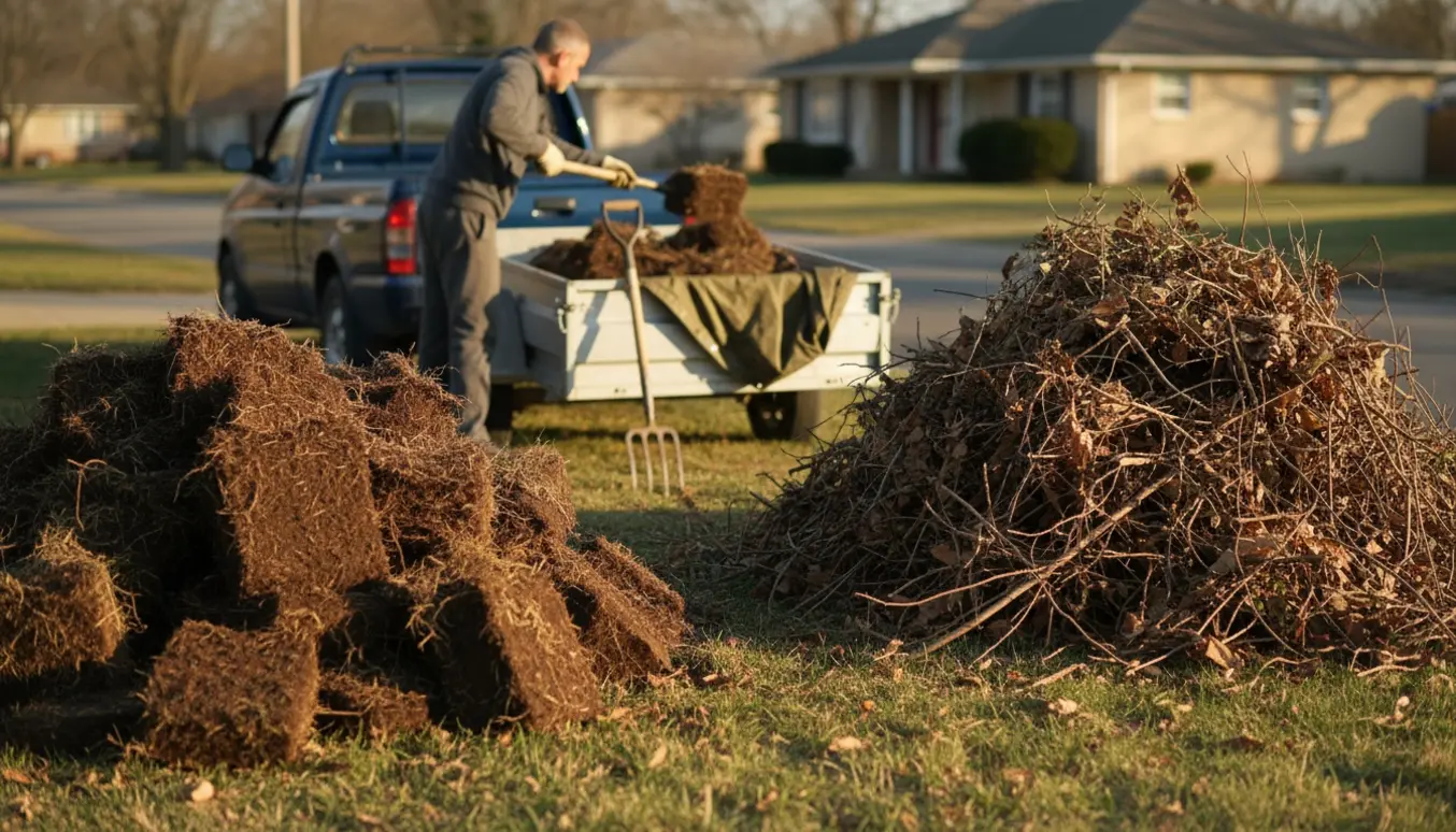 Bunke græstørv og haveaffald ved vej klar til bortkørsel med trailer og haveredskaber.