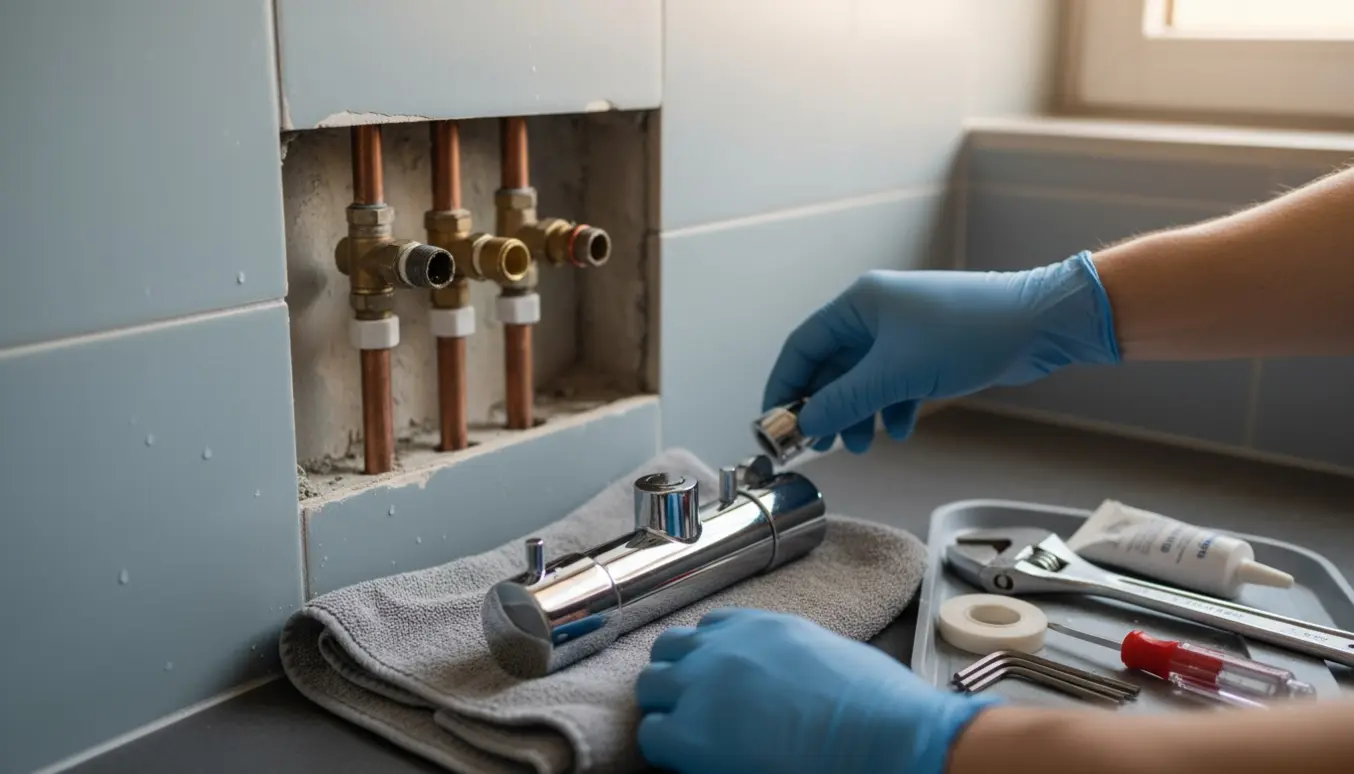 Nærbillede af udskiftning af et nyt krom termostatbrusearmatur i et flisebelagt badeværelse med værktøj klar.