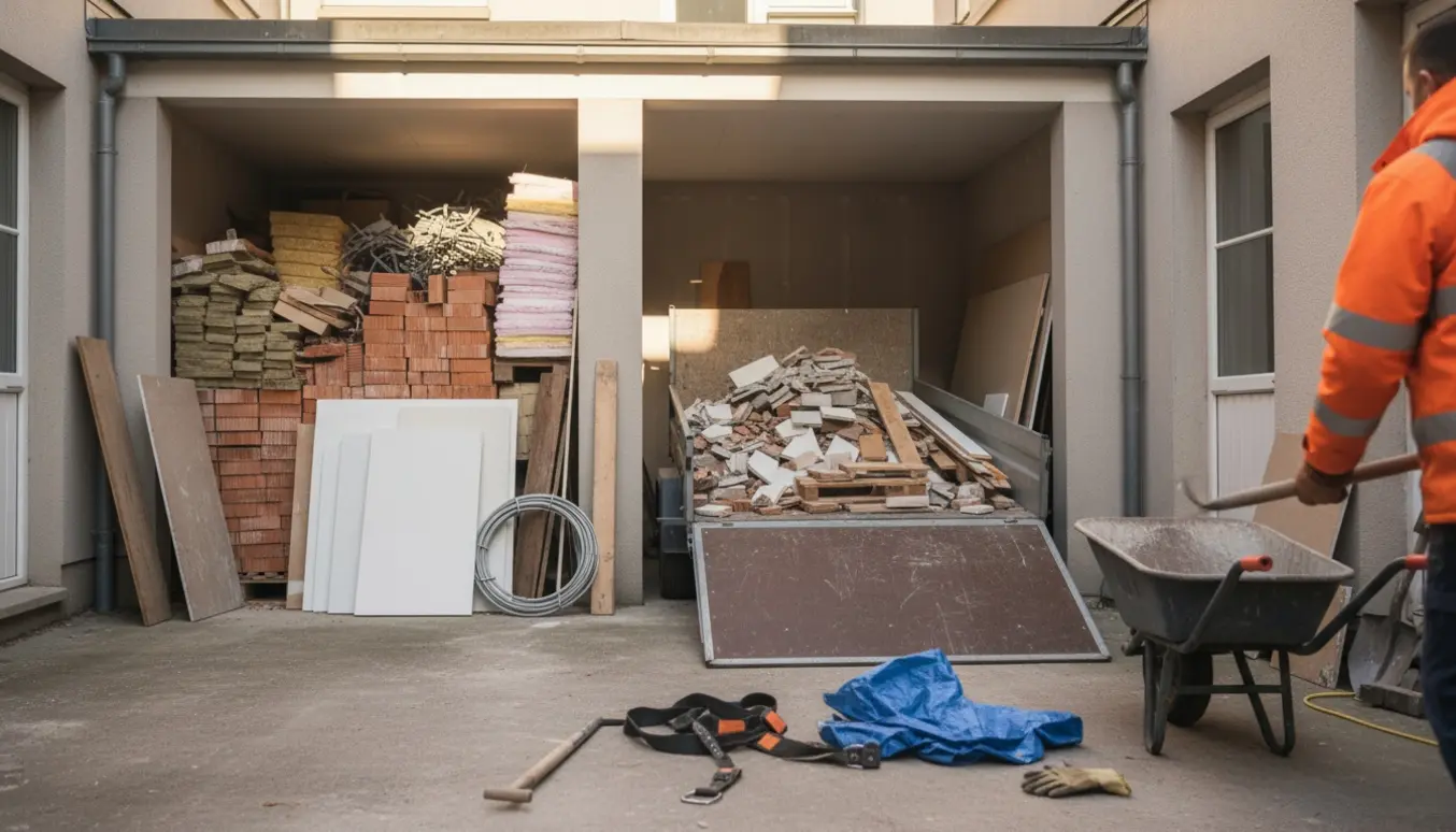 Trailer ved et åbent rum i baggården fyldt med byggeaffald klar til bortkørsel.