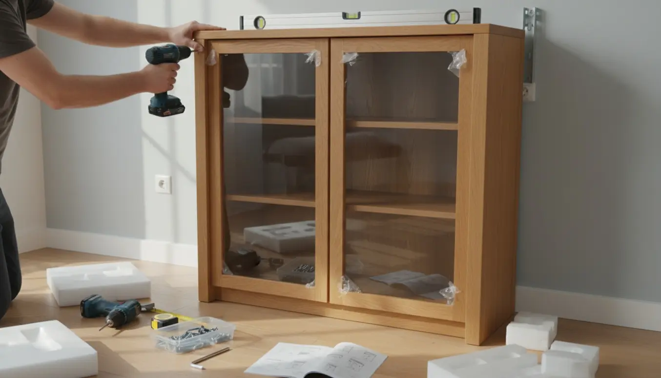 Delvist samlet glasvitrineskab i egetræsfinér på gulvet med værktøj og hænder, klar til at blive skruet fast til væggen.