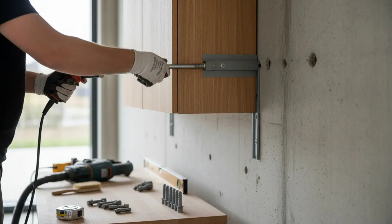 Københavnerskab monteres på armeret betonvæg med specialplugger og værktøj.