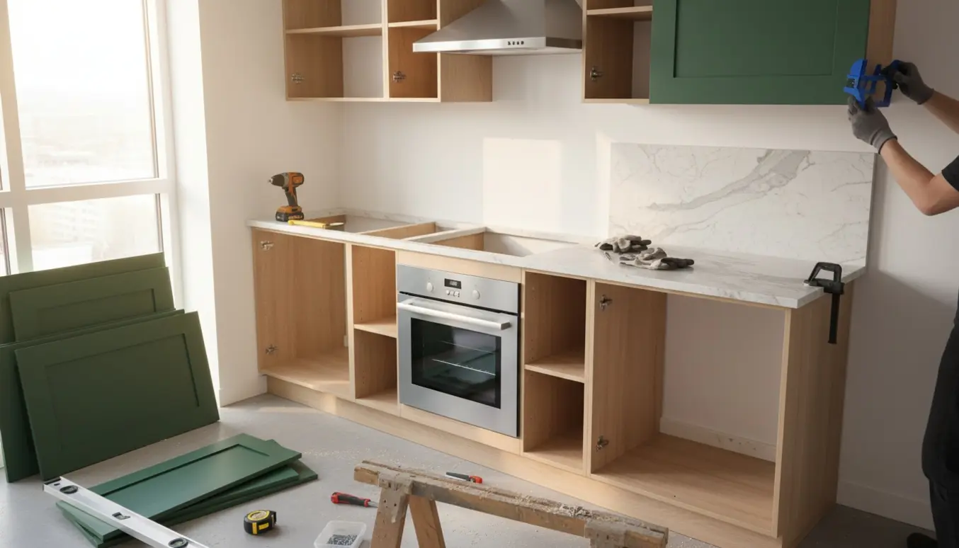 Delvist monteret IKEA-køkken med indsat kombiovn og emhætte, hænder der monterer nye fronter og bordplade fra SHUFL.