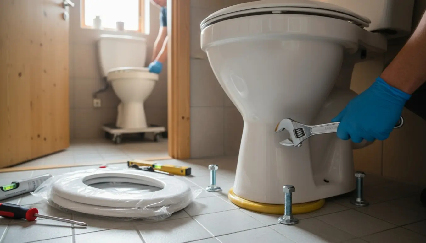 Installation af nyt gulvtoilet i et lille badeværelse med håndværker, nyt sæde og gammelt toilet klar til bortskaffelse.