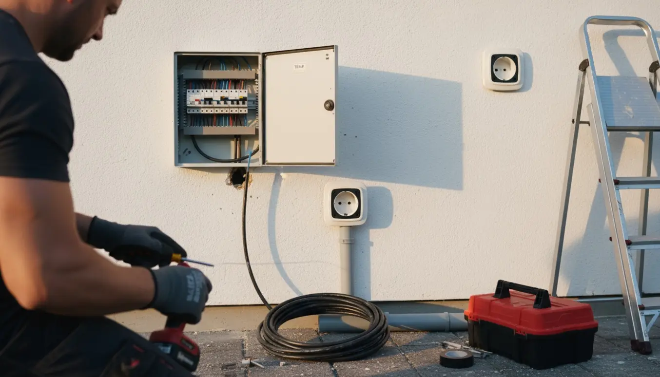 Elektriker trækker kabel fra el-tavle til udendørs stikkontakt på husmuren med værktøj og stige i dagslys.