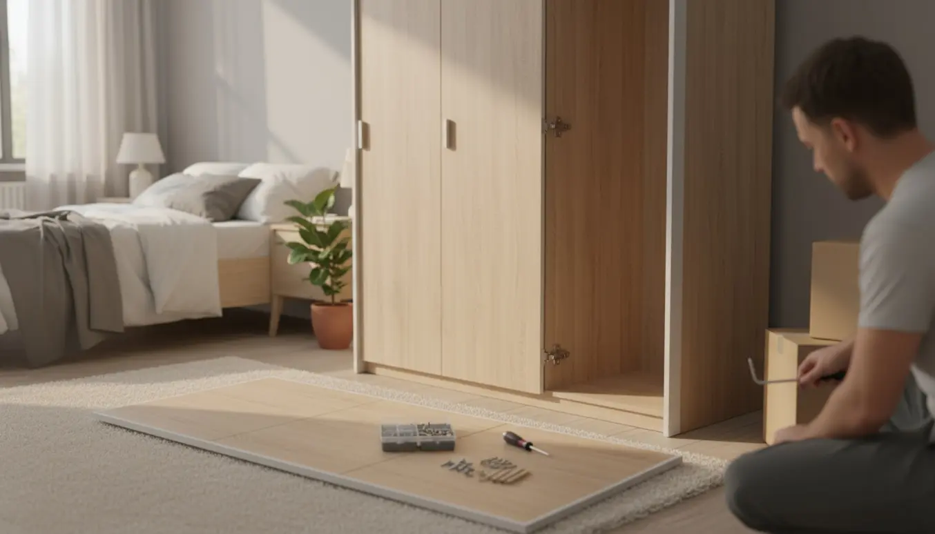 Delvist samlet 3-dørs fladpakket garderobe i et lyst soveværelse med værktøj og hænder i fokus.