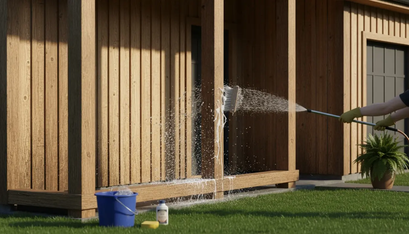 Person vasker husets træfacader, søjler og rækværk med sæbe og haveslange.