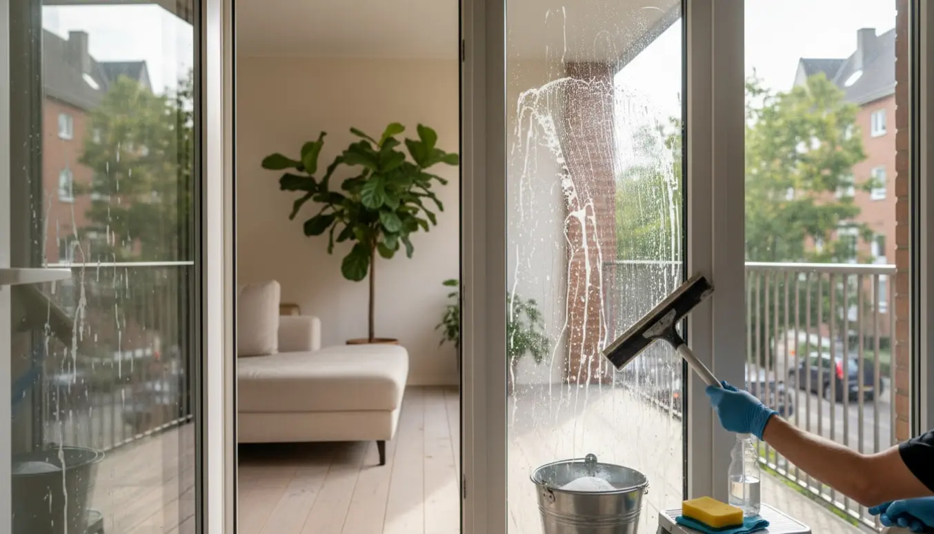 Rengøring af meget beskidte altanvinduer i en lejlighed på 1. sal med gummihandsker, spand og vinduesskraber.