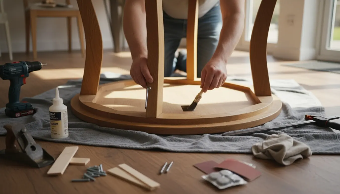 Nærbillede af hænder, der stabiliserer et rundt massivt egetræsbord ved at spænde en løs benforbindelse med værktøj.