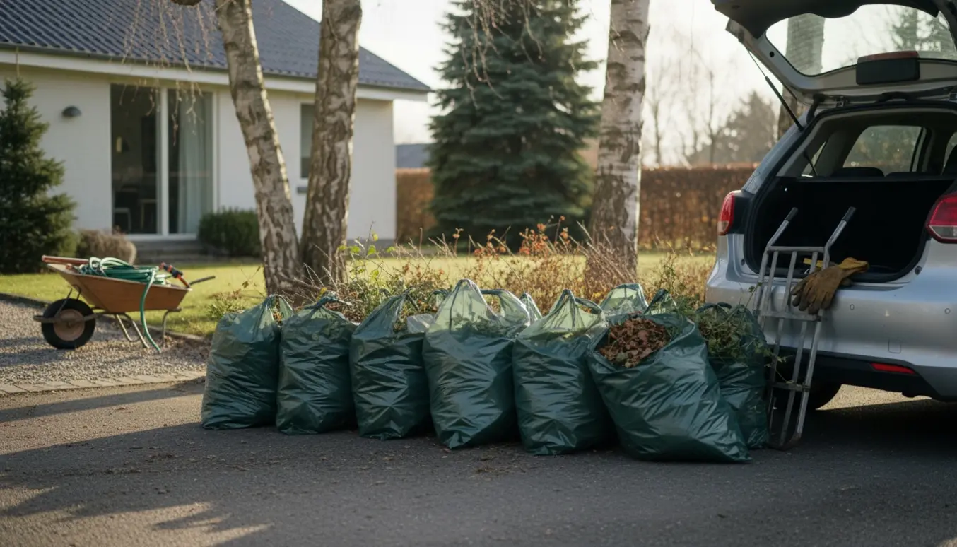 Omkring otte fyldte plastsække med haveaffald ved en indkørsel, klar til afhentning.