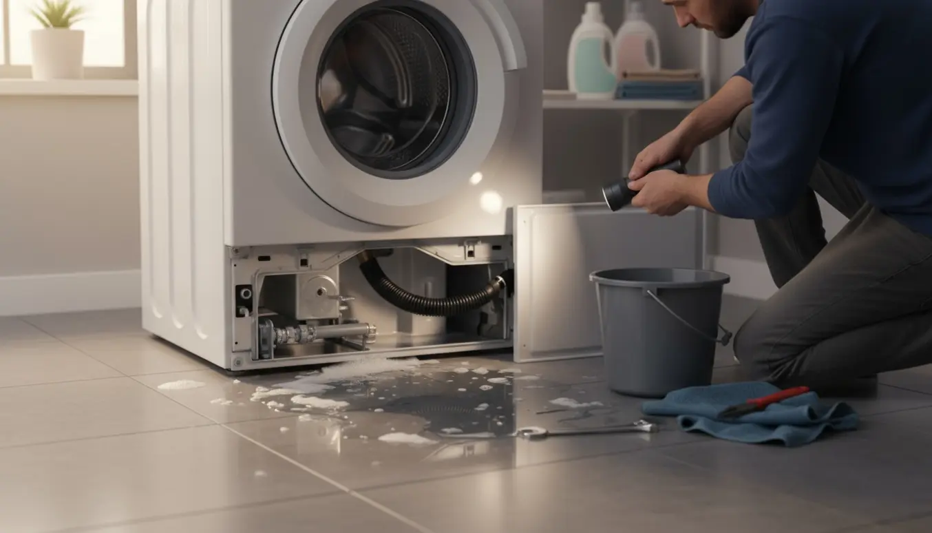 En nyere frontbetonet vaskemaskine lækker vand ved bunden på flisegulvet med spand og værktøj ved siden af.