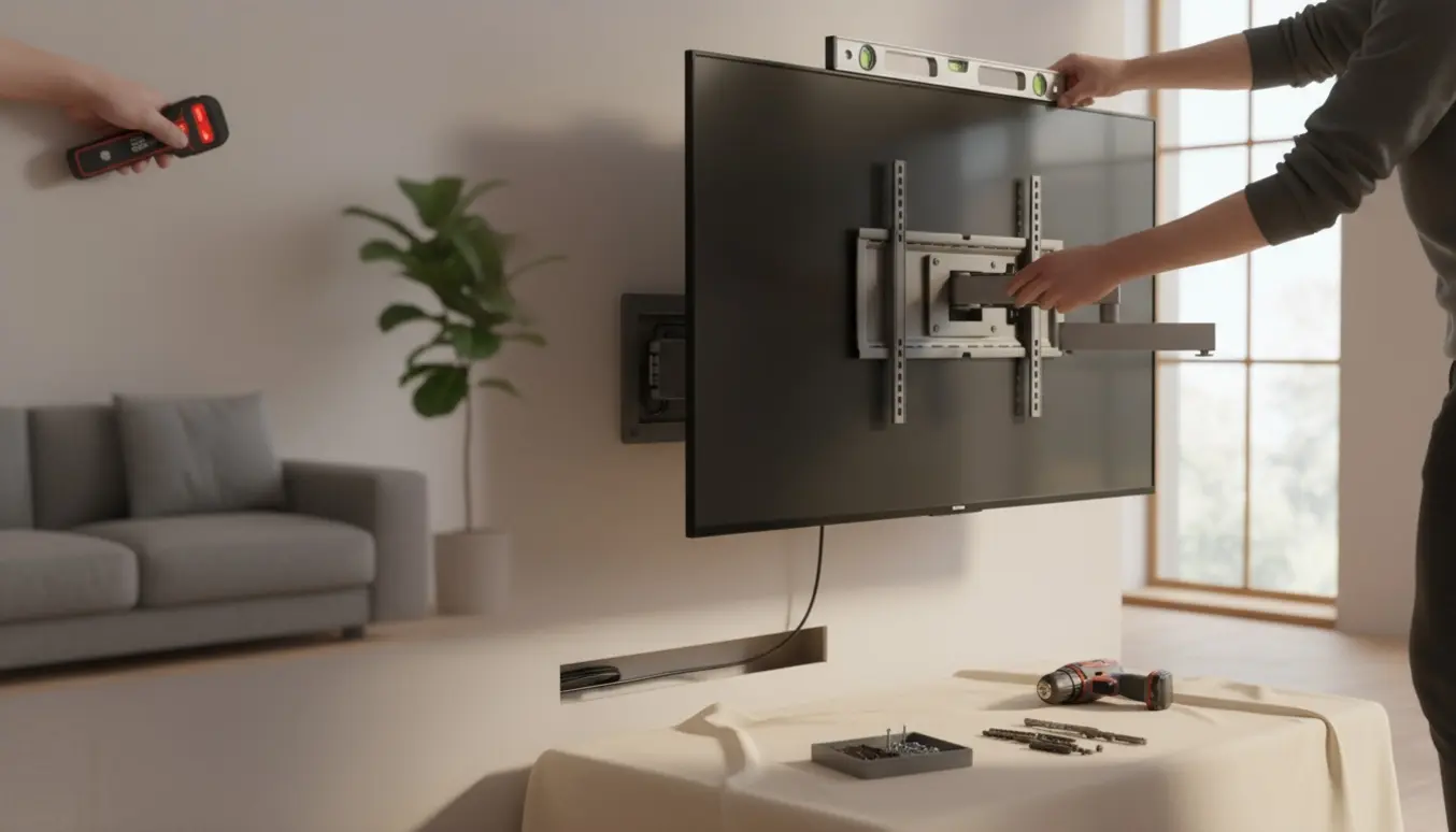 Håndværker monterer fladt TV på et elektrisk vægbeslag i et lyst, moderne stueinteriør.