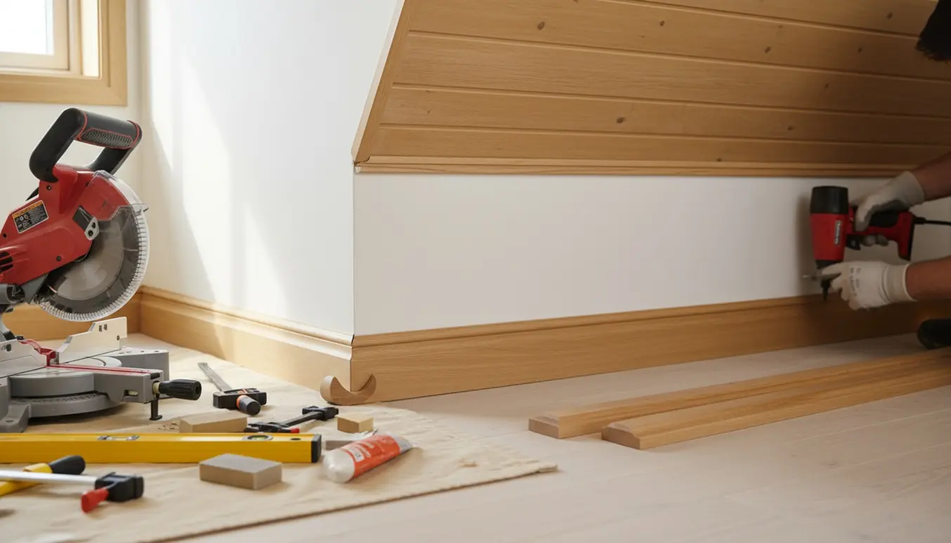 Træloft med Hornbæk skyggelister i smig og almue fodpanel afsluttet med æselører, håndværker i gang med efterbehandling.