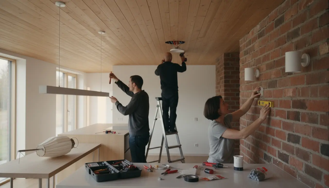 En tekniker uden synligt ansigt monterer lofts- og væglamper i et køkken-alrum med træloft og murstensvæg.