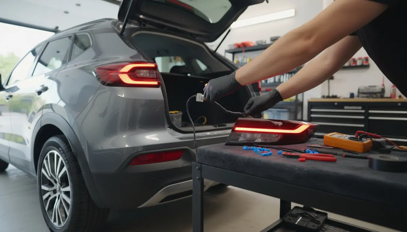 Tekniker monterer konstant baglys på en Suzuki S‑Cross 2024 med åben bagklap og værktøj i en garage.