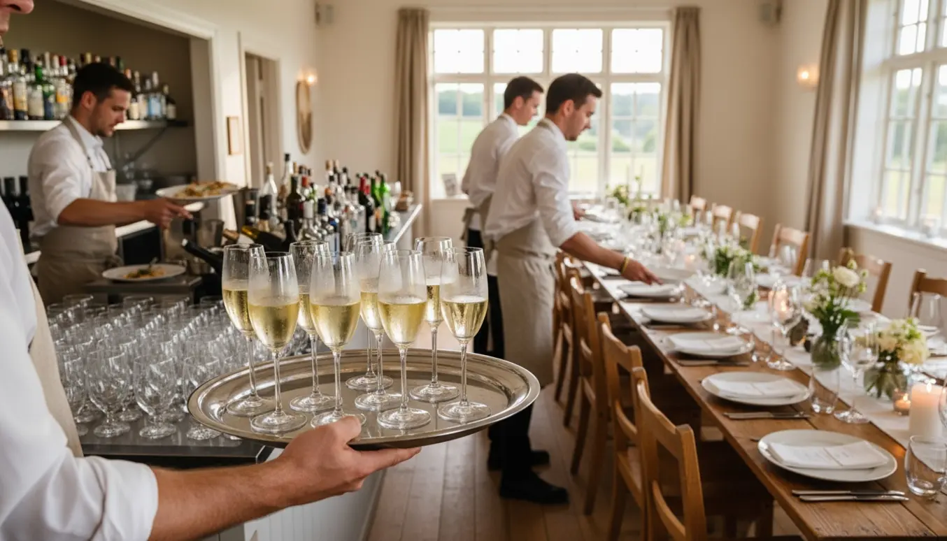 Serveringspersonale bærer glas og rydder borde til et bryllup i en solbeskinnet selskabssal nær Ry.