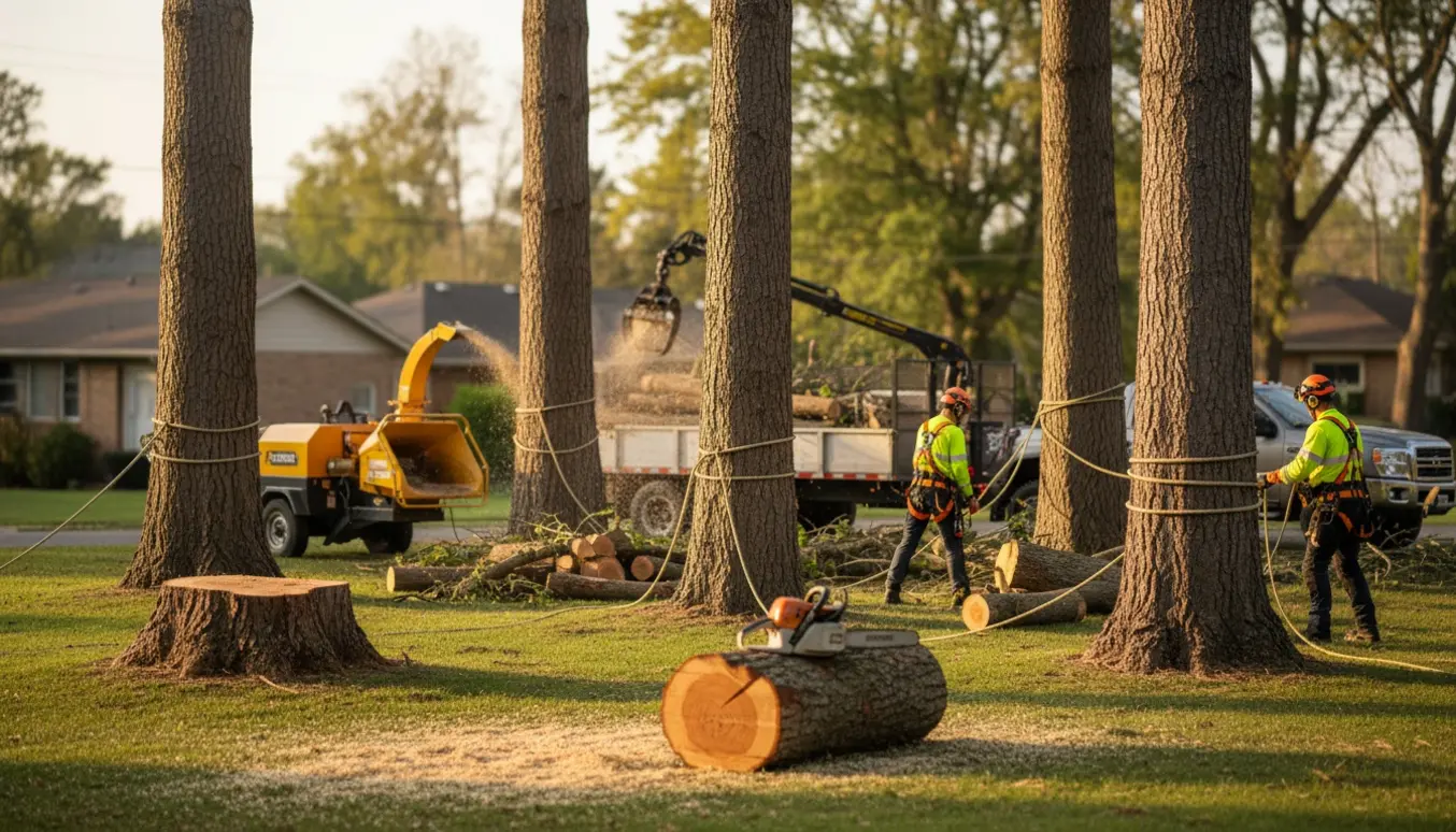 Professionel træfældning på en villagrund med stammer, grenbunker, flismaskine og lastbil klar til fjernelse.