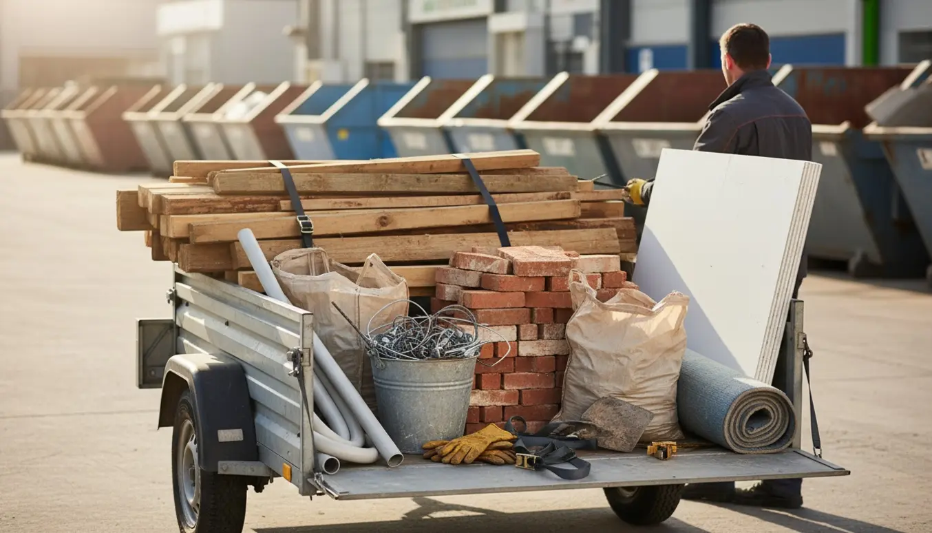 En trailer fyldt med sorteret byggeaffald ved en genbrugsstation klar til aflevering.