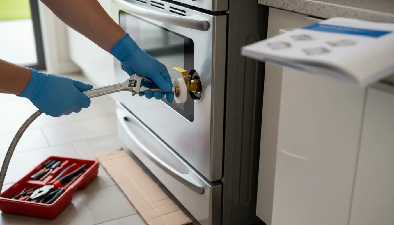 Tæt billede af hænder, der tilslutter en fleksibel gastilslutning til et nyt fritstående gaskomfur i et lyst køkken.