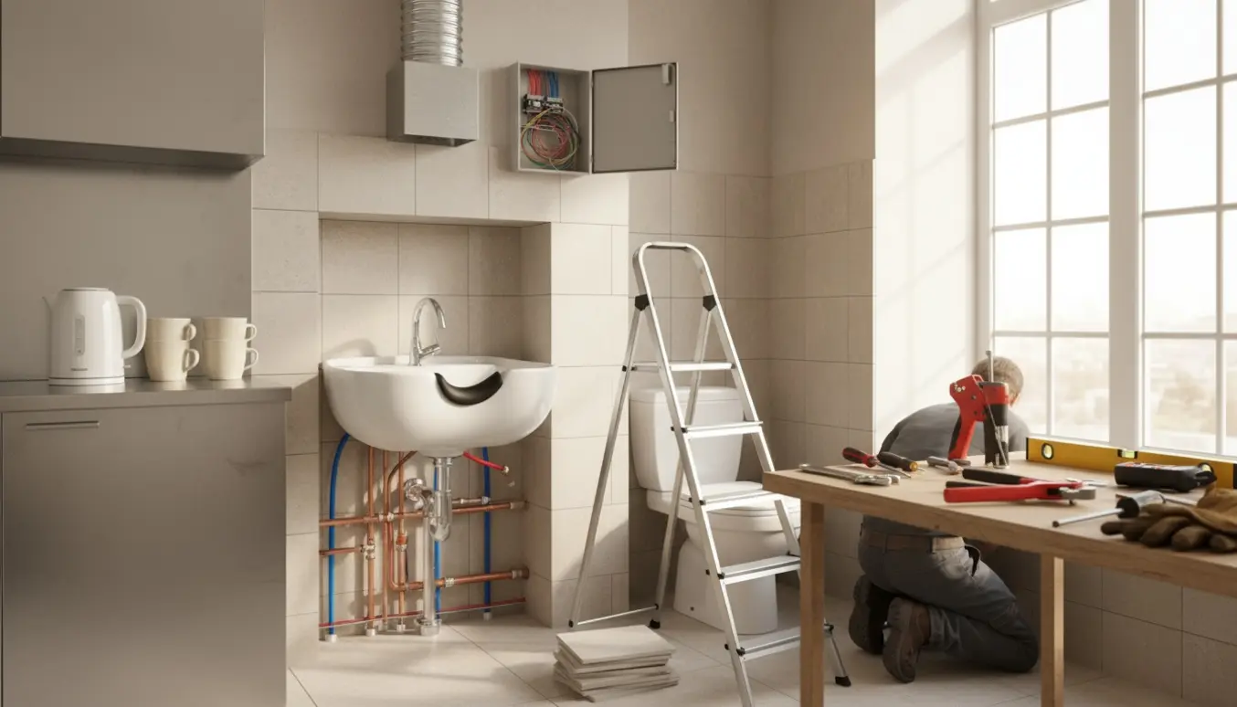 Ombygning af et lille lokale til salon med vaskestation, nye rør, udsugningskanal og toilet under opførelse.