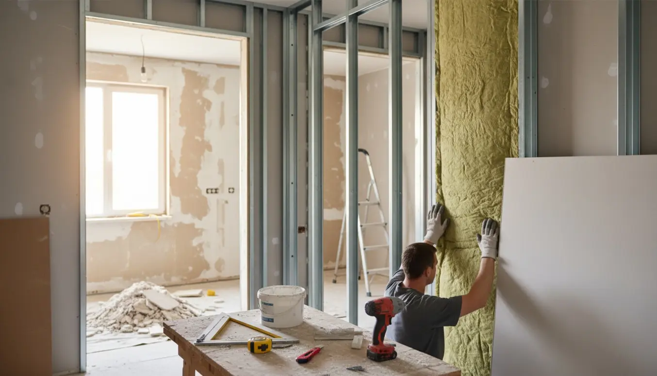 Nærbillede af montering af nye gipsvægge med Rockwool-isolering og værktøj i et renoveret værelse.