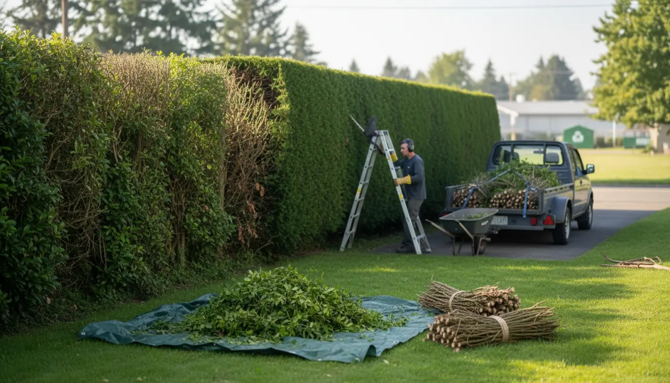 En lang hæk delvist klippet med bunker af afklip og en trailer fyldt med grene klar til bortkørsel.
